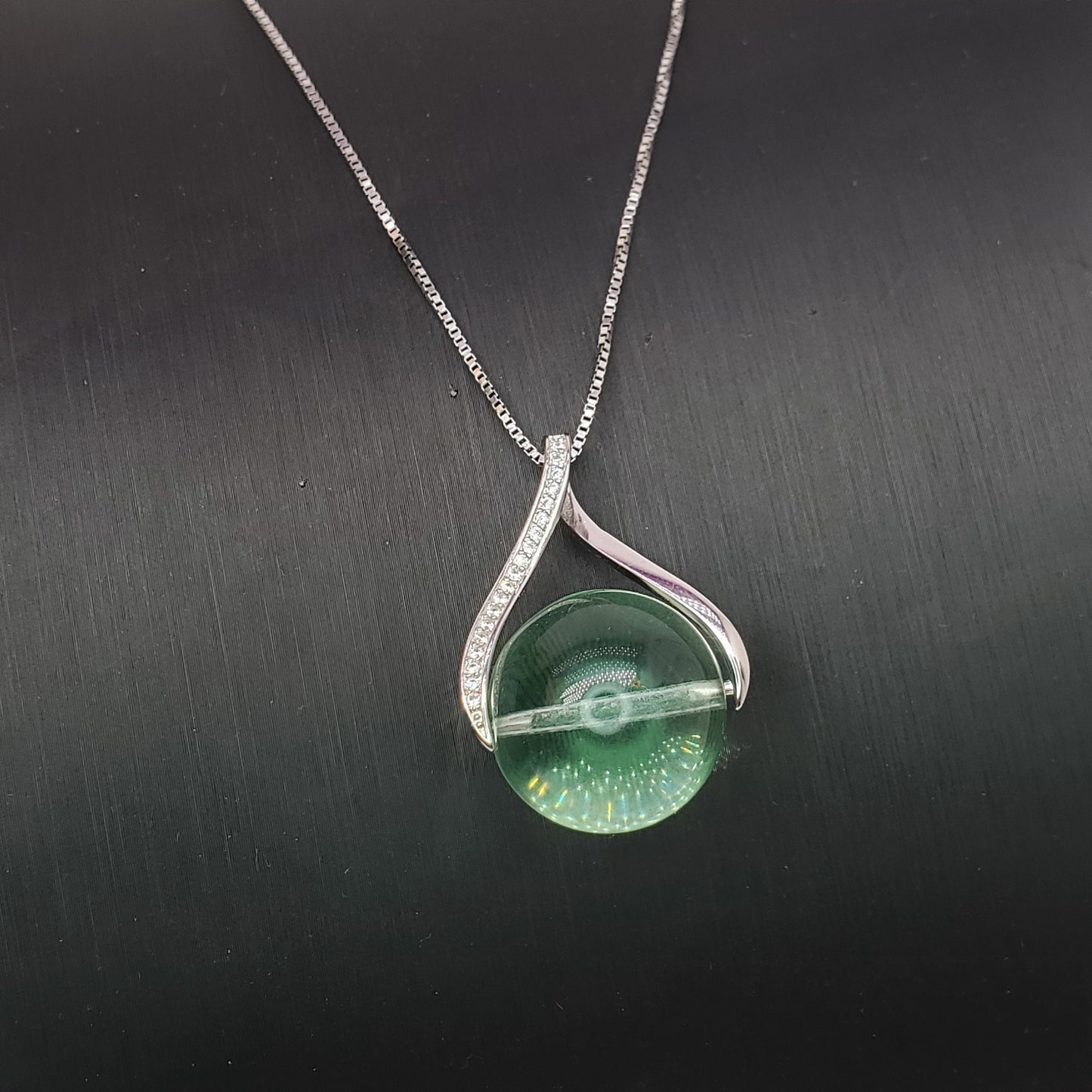 Green Fluorite Necklace: Sterling Silver, Simulated Diamond Pendant chunky stone jewelry #2452