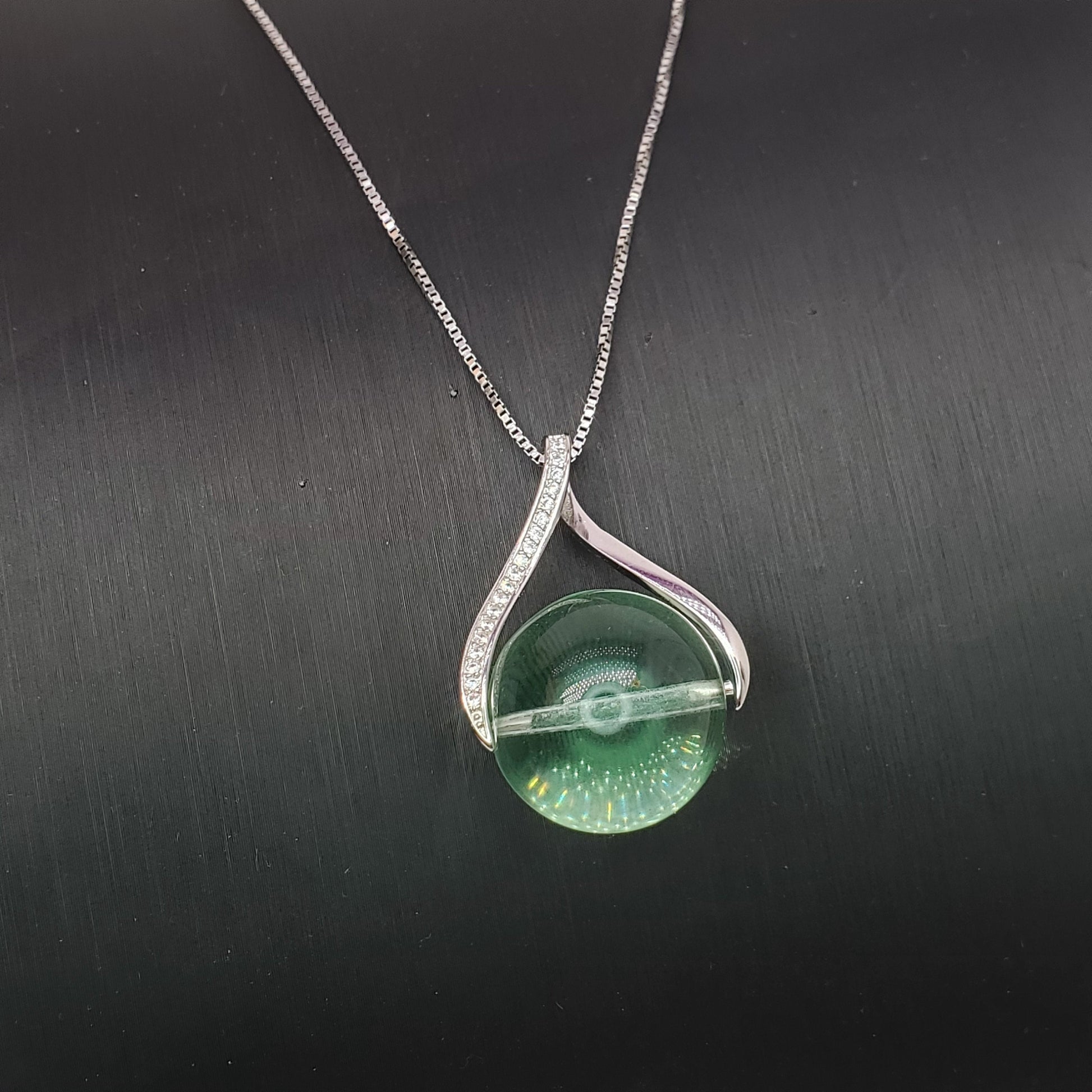 Green Fluorite Necklace: Sterling Silver, Simulated Diamond Pendant chunky stone jewelry #2452