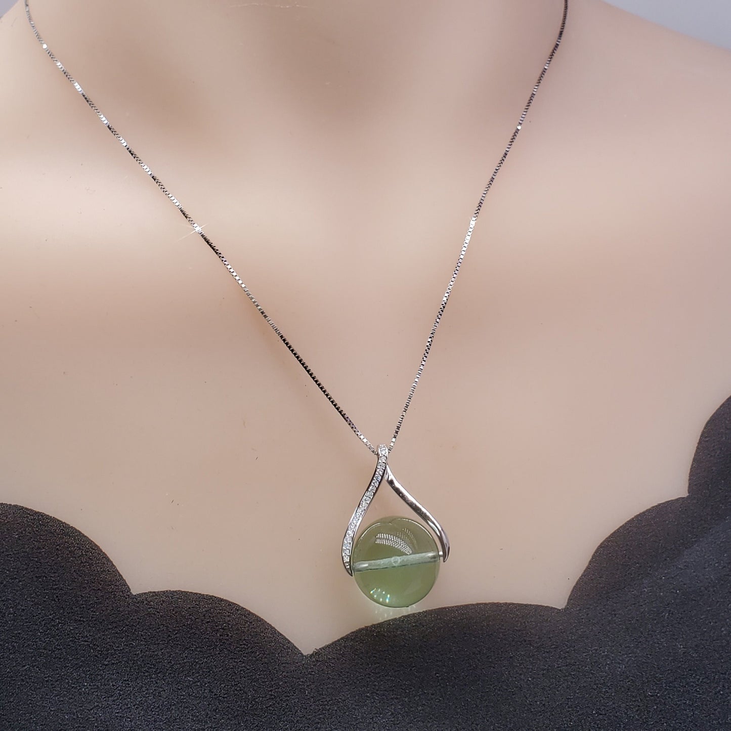 Green Fluorite Necklace: Sterling Silver, Simulated Diamond Pendant chunky stone jewelry #2452