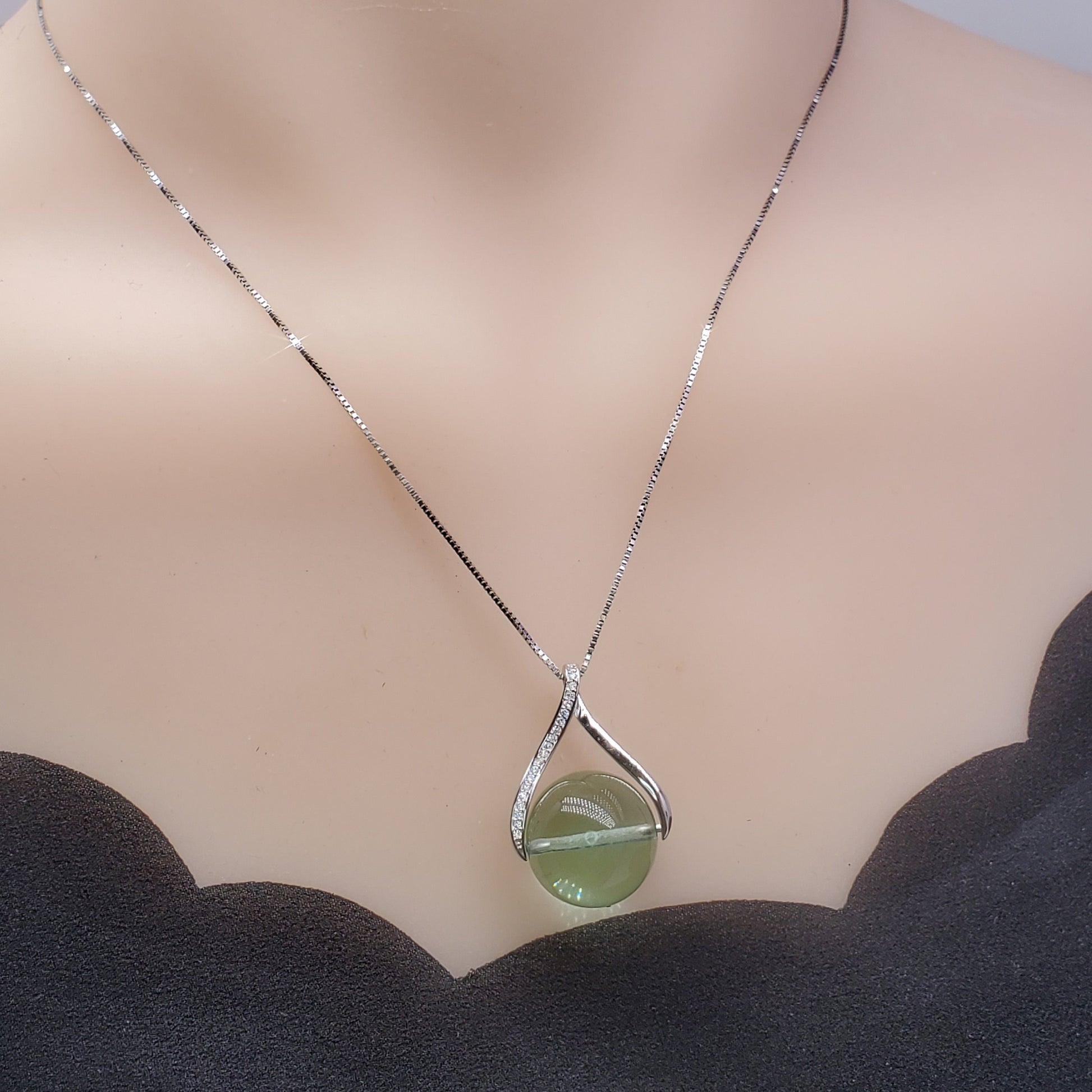 Green Fluorite Necklace: Sterling Silver, Simulated Diamond Pendant chunky stone jewelry #2452