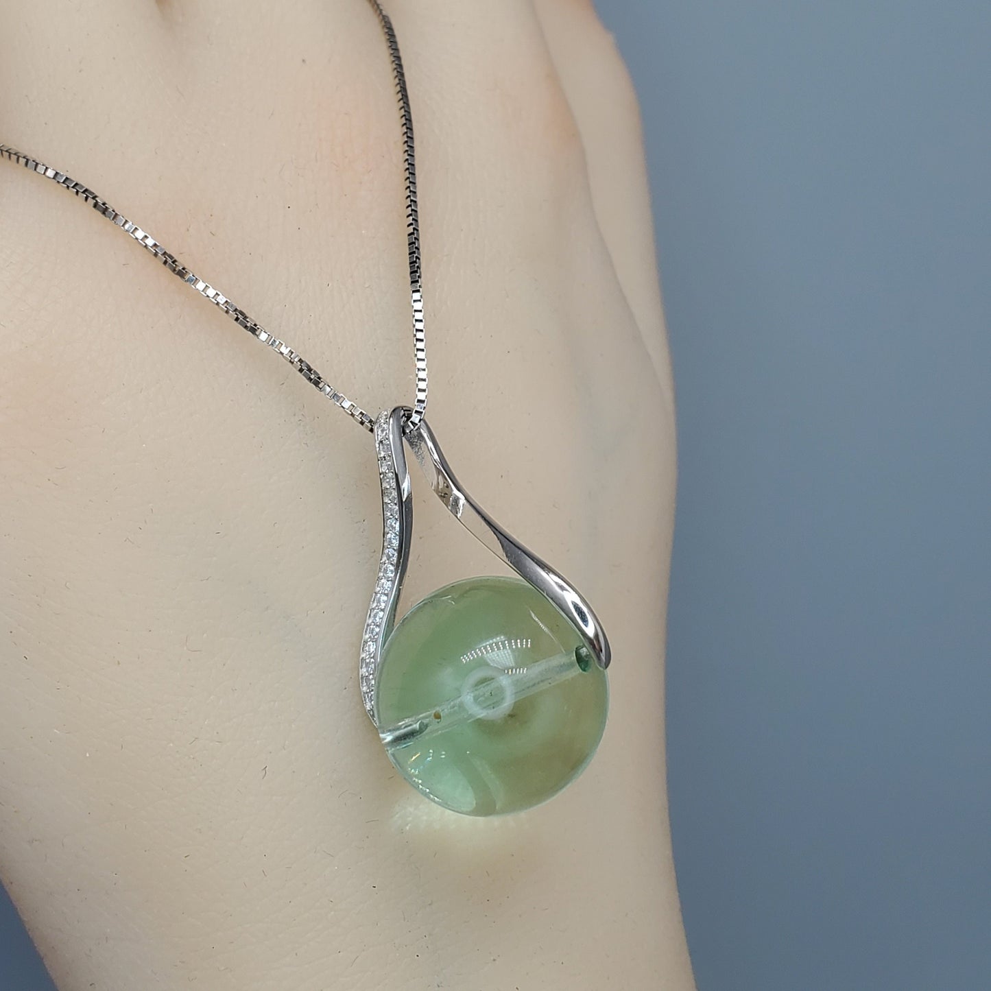 Green Fluorite Necklace: Sterling Silver, Simulated Diamond Pendant chunky stone jewelry #2452