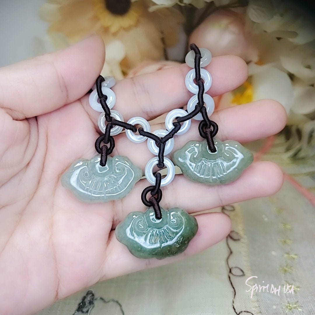 Natural Genuine Green Jade Necklace Adjustable Size Rare Jadeite Jewelry Lucky Cloud 2246