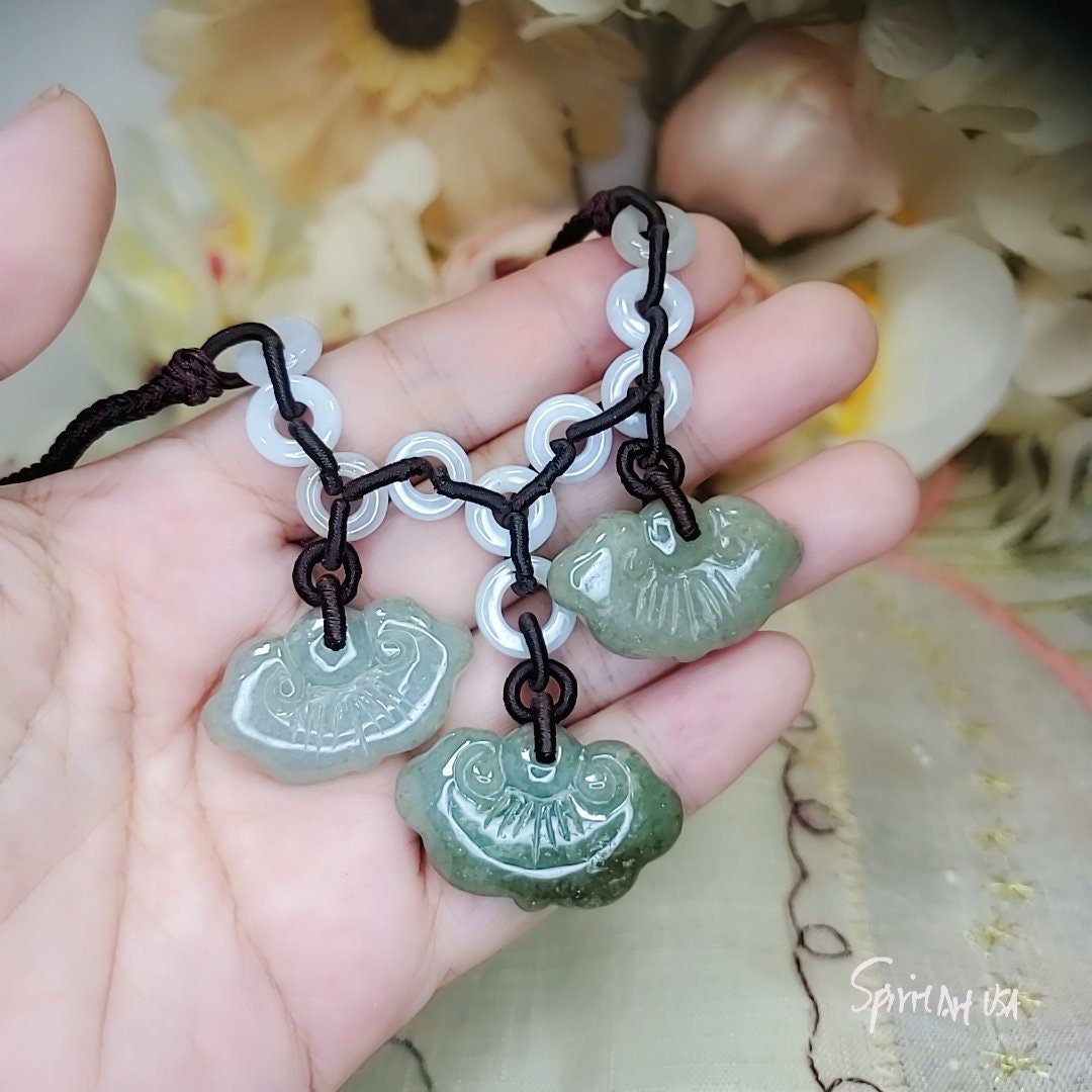 Natural Genuine Green Jade Necklace Adjustable Size Rare Jadeite Jewelry Lucky Cloud 2246