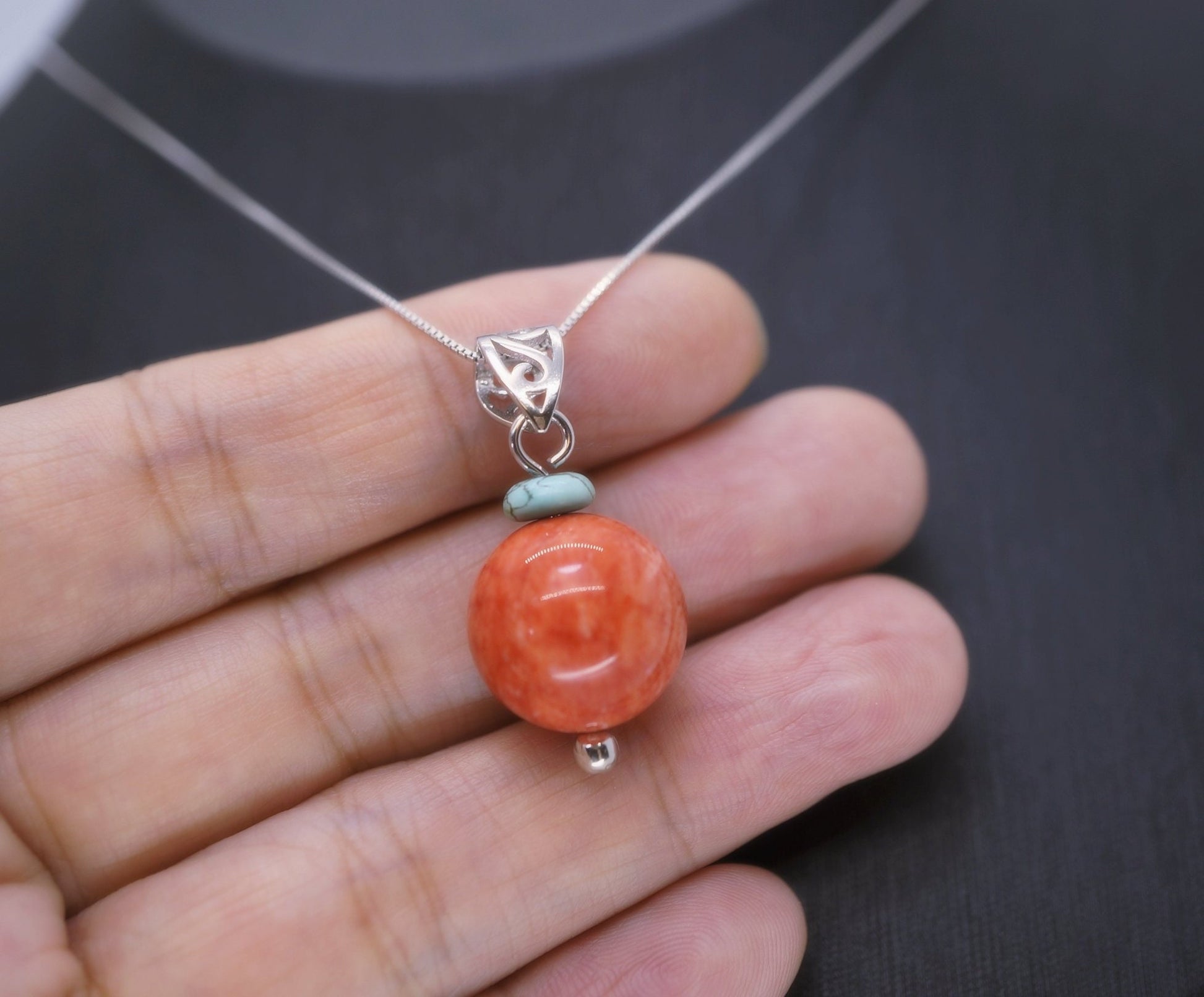 Red Coral Pendant Necklace: Sterling Silver Bail, 14mm Gemstone chunky stone jewelry #2387