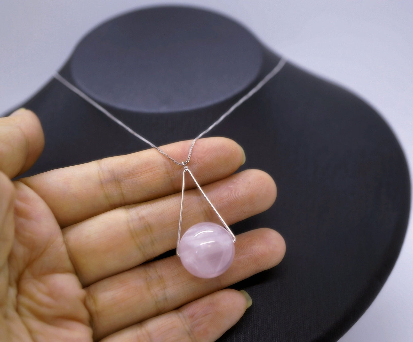Large 16mm Natural Rose quartz Triangle Sterling Silver Necklace chunky stone jewelry #2461