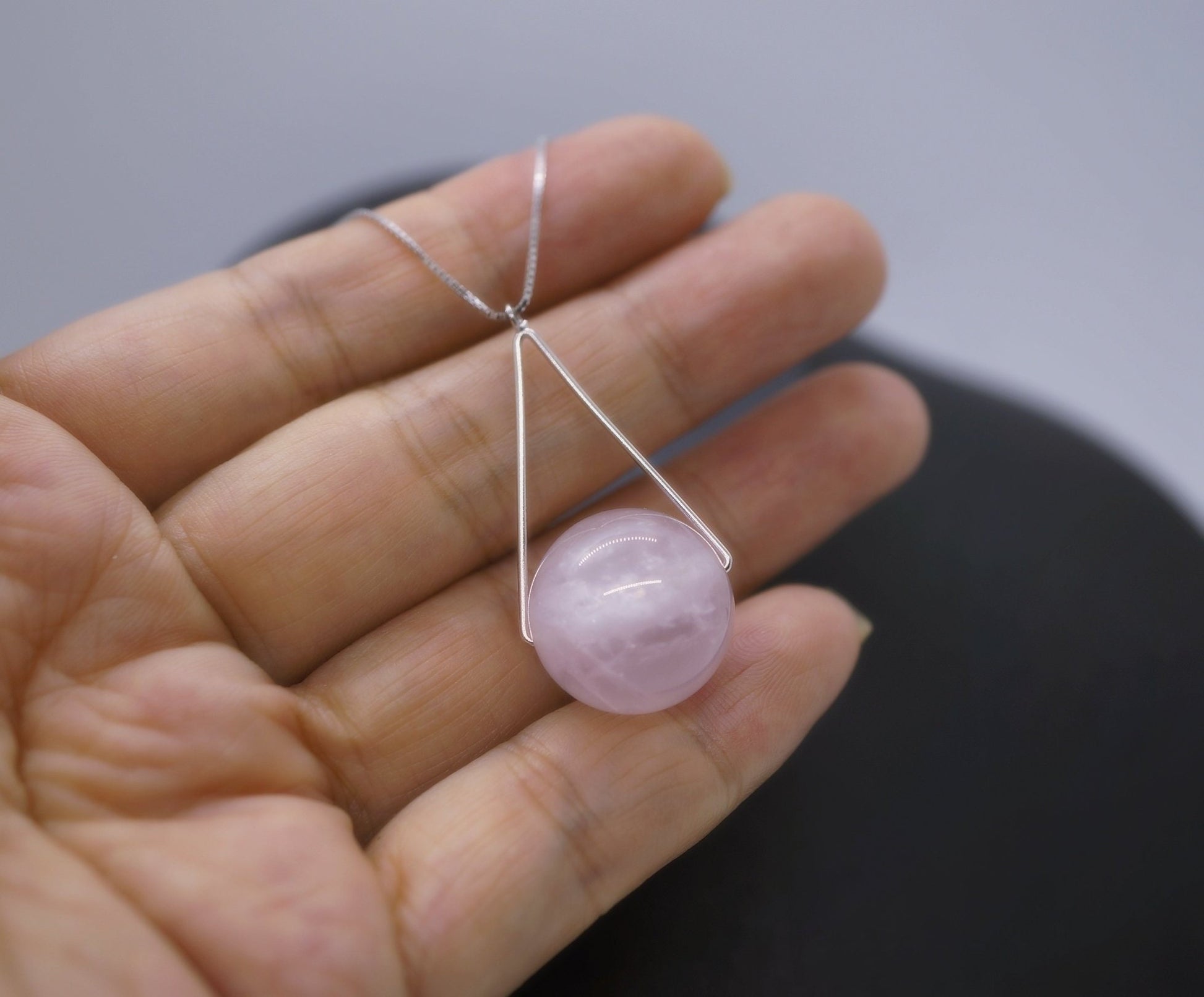 Large 16mm Natural Rose quartz Triangle Sterling Silver Necklace chunky stone jewelry #2461