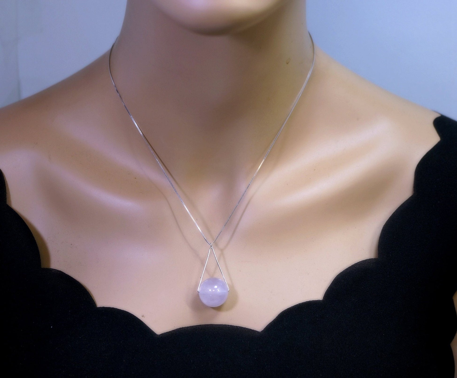 Large 16mm Natural Rose quartz Triangle Sterling Silver Necklace chunky stone jewelry #2461