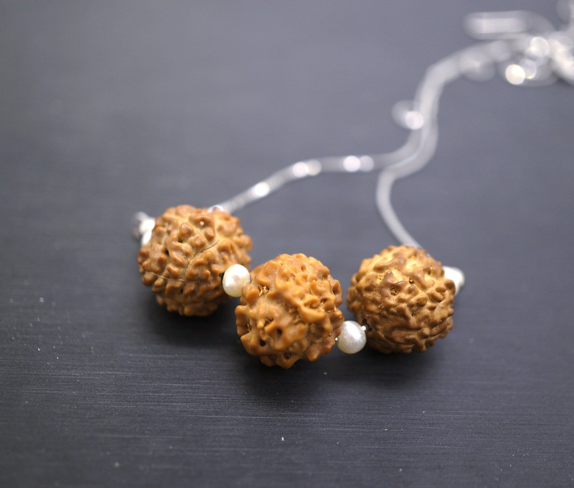 Rudraksha Bodhi Seed Necklace: Mukhi Pendant, 9#25 Silver & Pearl Choker chunky stone jewelry #2489