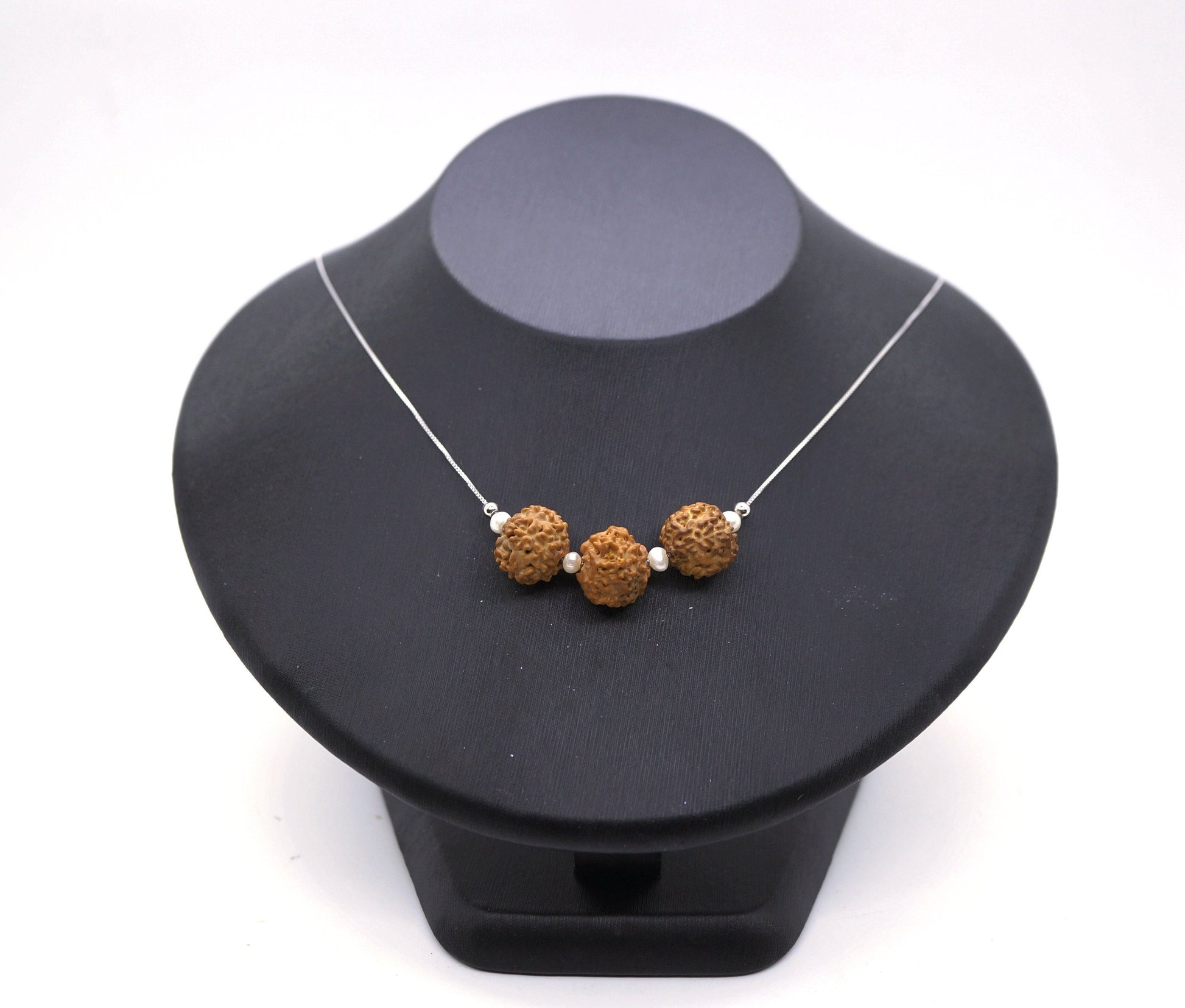 Rudraksha Bodhi Seed Necklace: Mukhi Pendant, 9#25 Silver & Pearl Choker chunky stone jewelry #2489