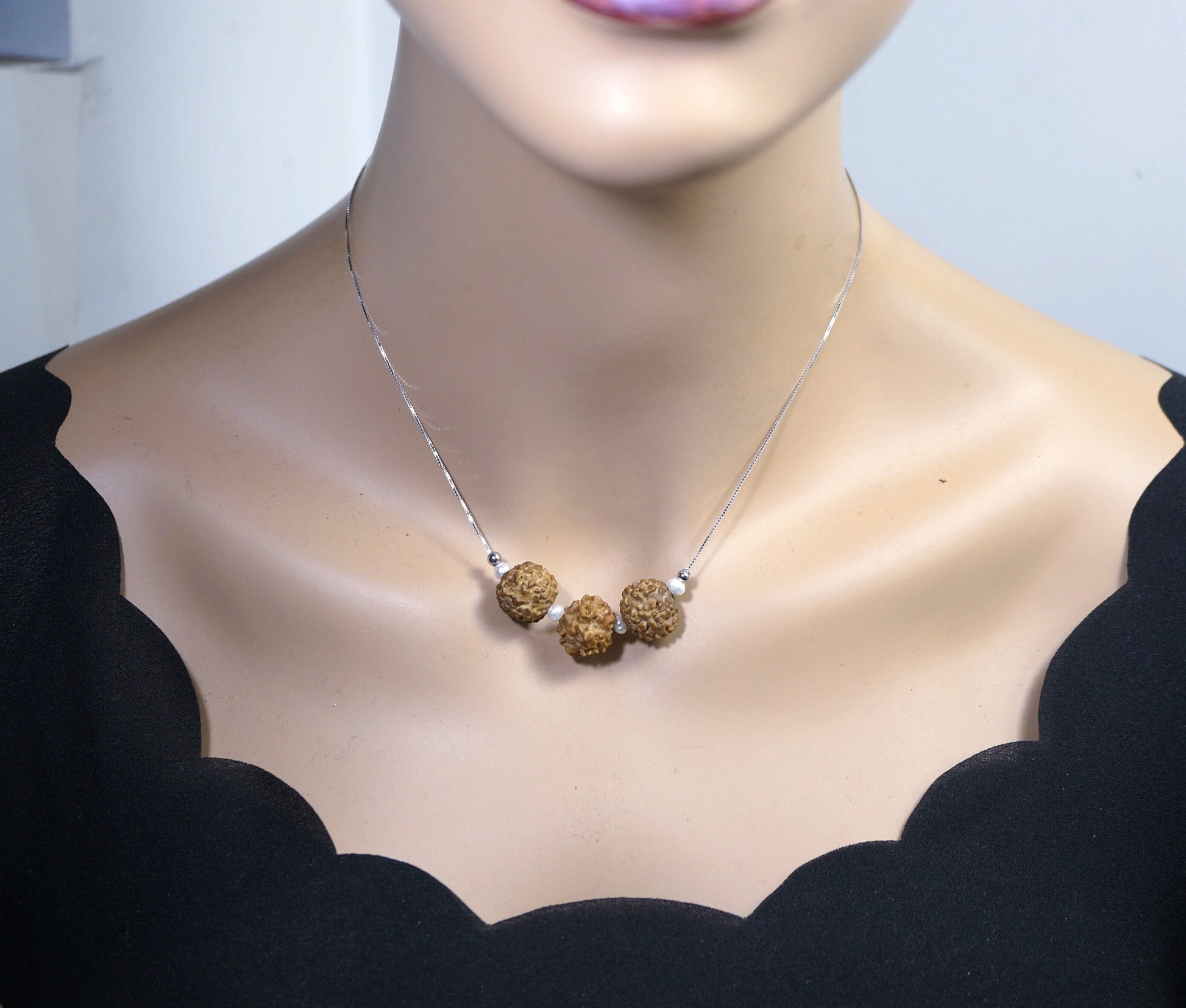 Rudraksha Bodhi Seed Necklace: Mukhi Pendant, 9#25 Silver & Pearl Choker chunky stone jewelry #2489