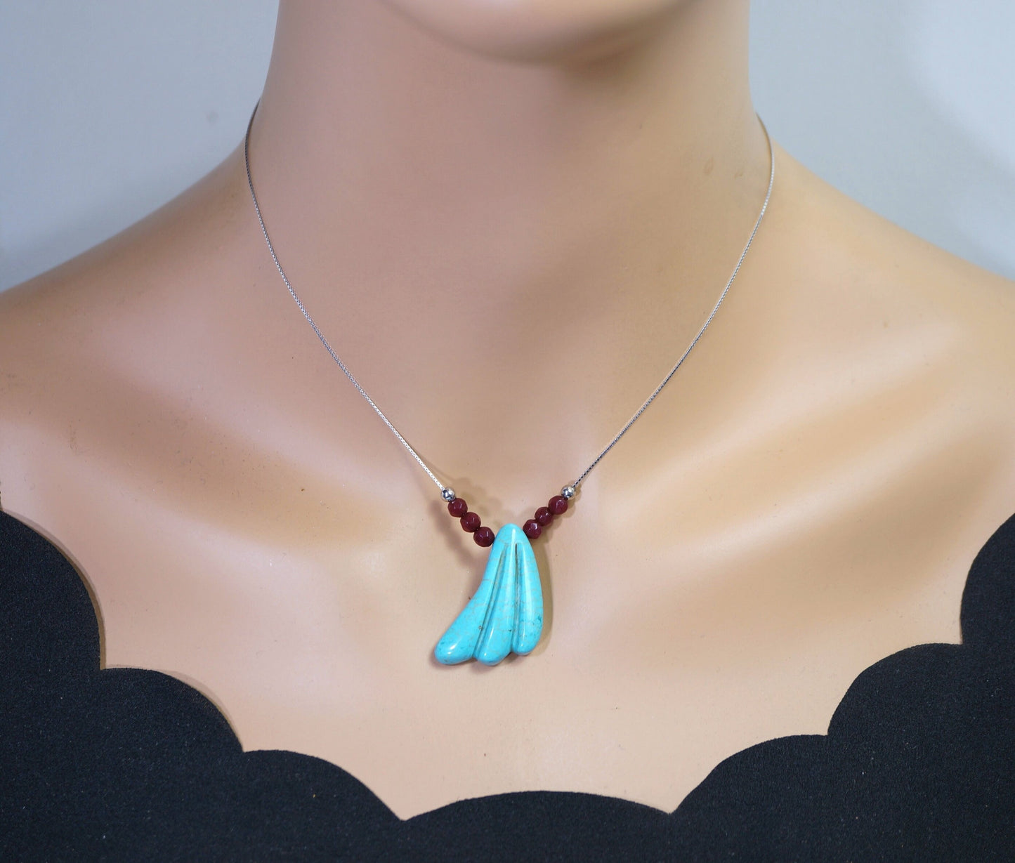 Natural Turquoise Necklace - Sterling Silver Red Ruby Turquoise Choker chunky stone jewelry #2417