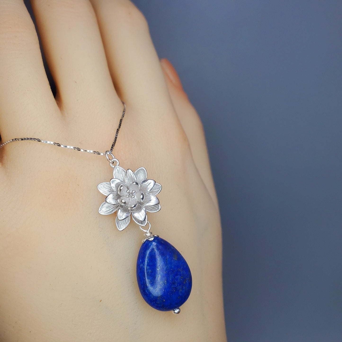 Lapis Lazuli Necklace Lotus Flower Jewelry Blue Lapis pendant sterling silver chunky stone jewelry #2536