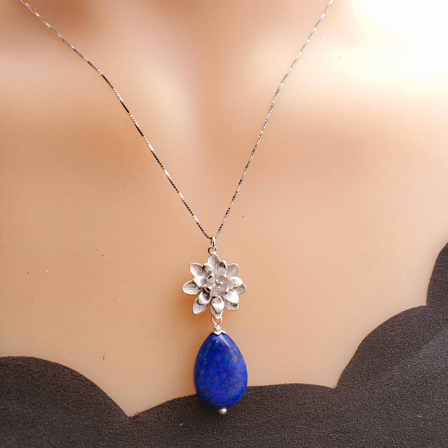 Lapis Lazuli Necklace Lotus Flower Jewelry Blue Lapis pendant sterling silver chunky stone jewelry #2536