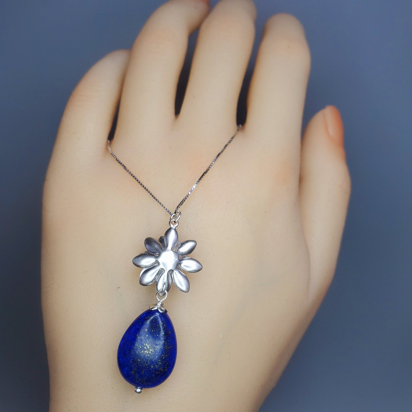 Lapis Lazuli Necklace Lotus Flower Jewelry Blue Lapis pendant sterling silver chunky stone jewelry #2536
