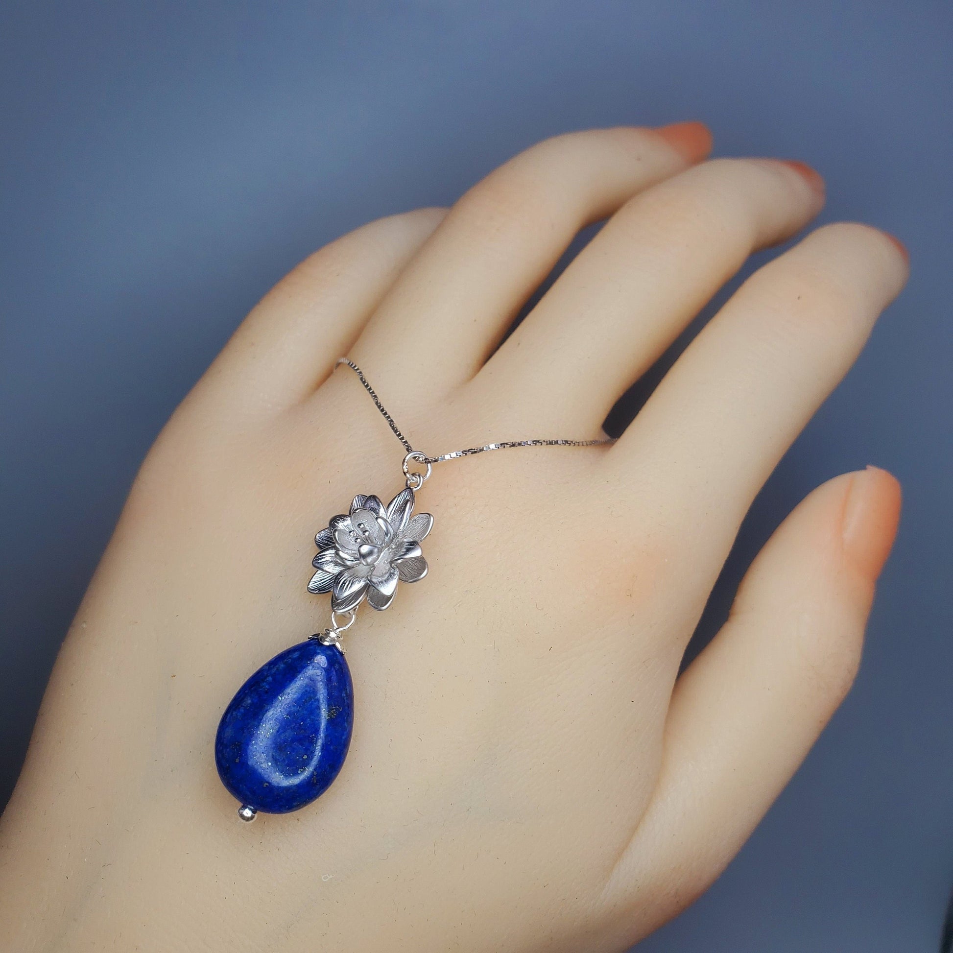 Lapis Lazuli Necklace Lotus Flower Jewelry Blue Lapis pendant sterling silver chunky stone jewelry #2536