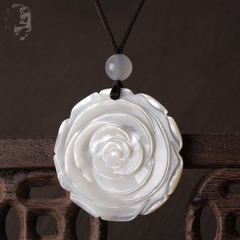 Mother of Pearl Rose Flower Necklace , Large Long Chain White Shell Pendant chunky stone jewelry #2096