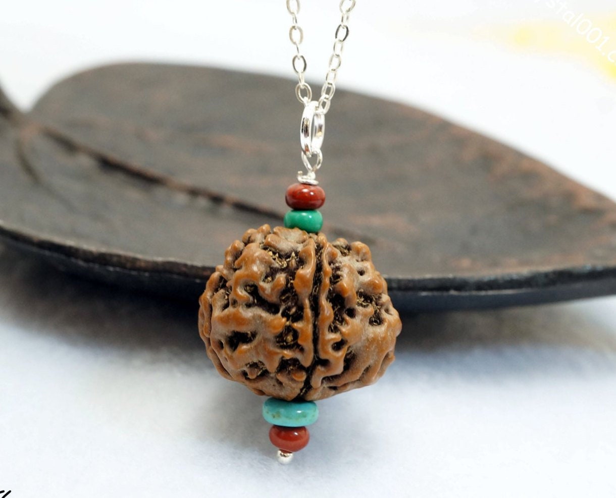 Rudraksha Bodhi Seed Pendant Necklace: Sterling Silver Chain, Turquoise & Jasper chunky stone jewelry #2011