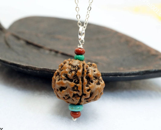 Rudraksha Bodhi Seed Pendant Necklace: Sterling Silver Chain, Turquoise & Jasper chunky stone jewelry #2011