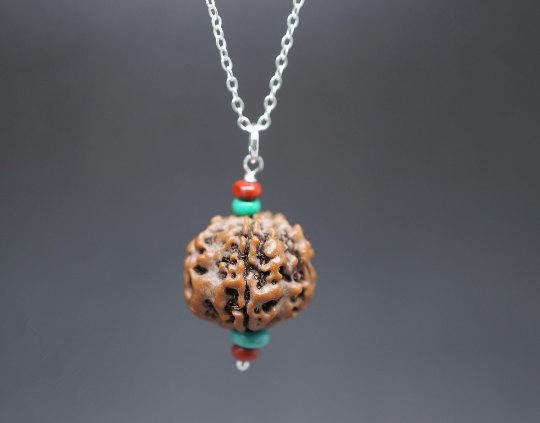 Rudraksha Bodhi Seed Pendant Necklace: Sterling Silver Chain, Turquoise & Jasper chunky stone jewelry #2011