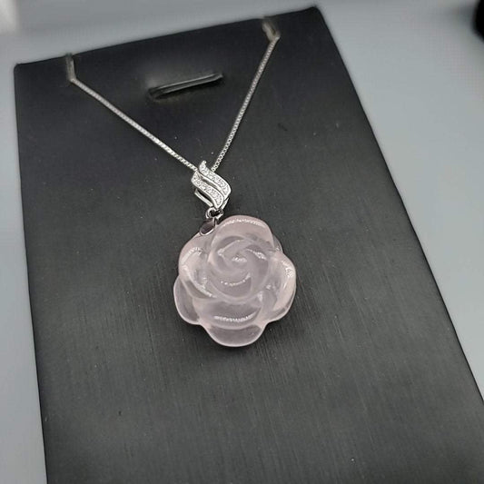 Rose Quartz Flower Pendant: Sterling Silver Heart Chakra Necklace chunky stone jewelry #2253