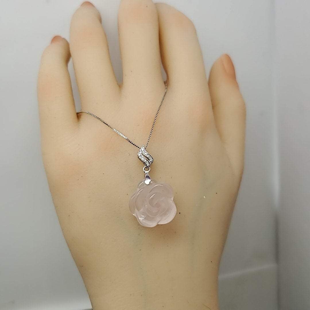Rose Quartz Flower Pendant: Sterling Silver Heart Chakra Necklace chunky stone jewelry #2253