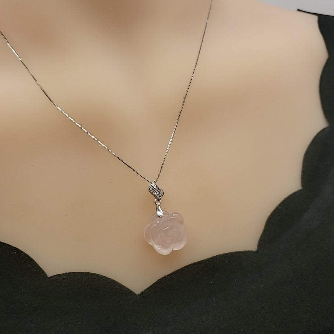 Rose Quartz Flower Pendant: Sterling Silver Heart Chakra Necklace chunky stone jewelry #2253