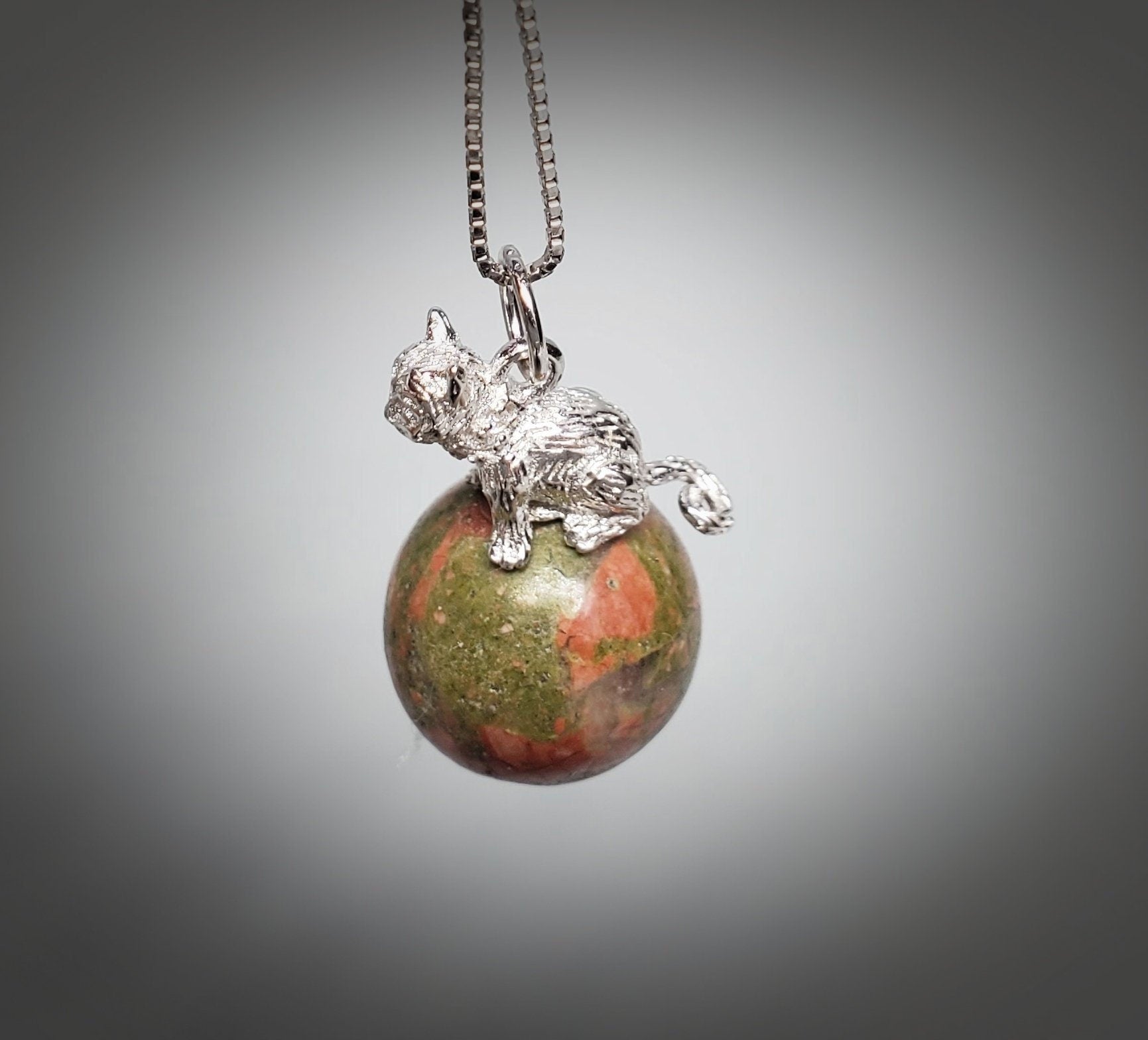 Unakite Cat Necklace: Sterling Silver Pet Jewelry chunky stone jewelry #2494
