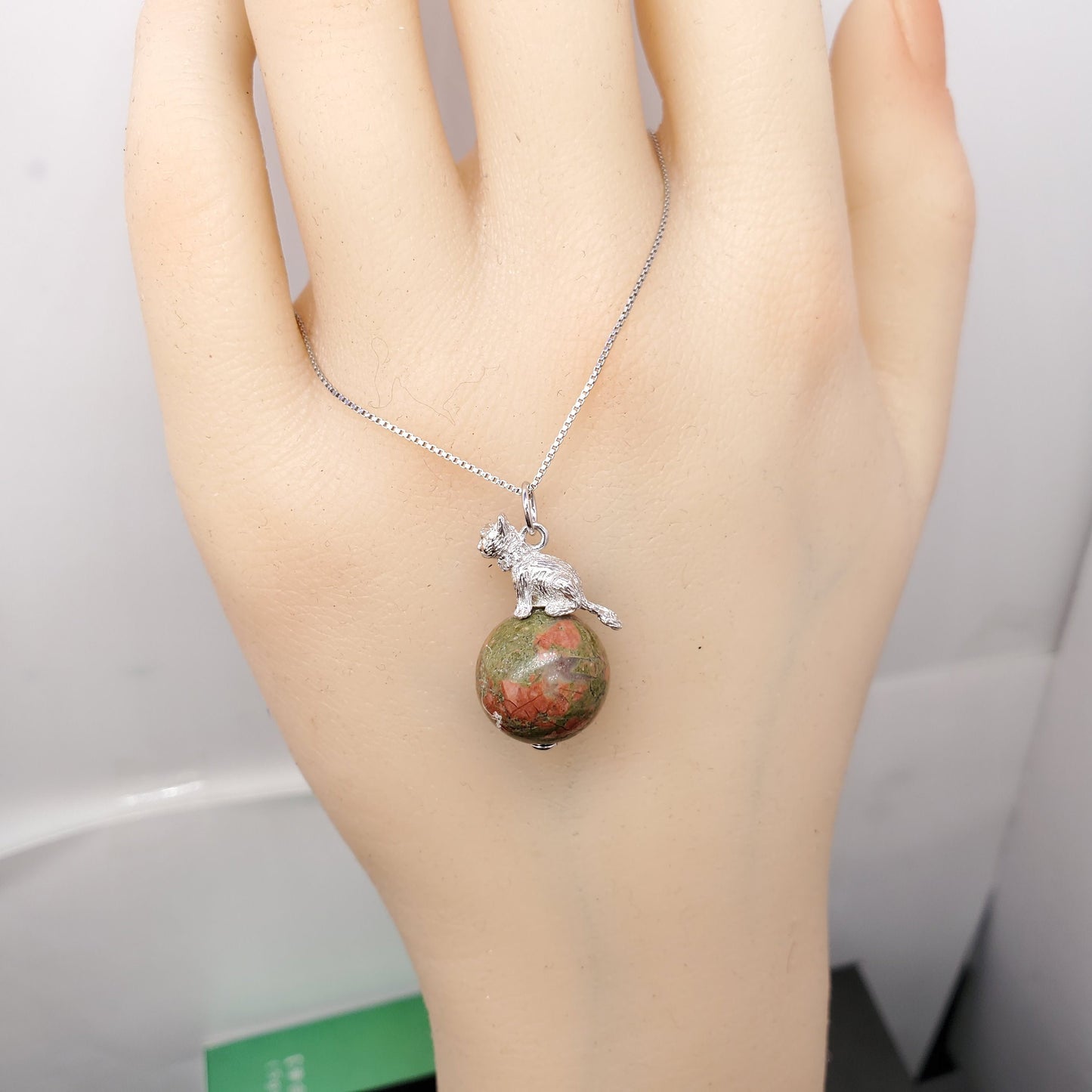 Unakite Cat Necklace: Sterling Silver Pet Jewelry chunky stone jewelry #2494