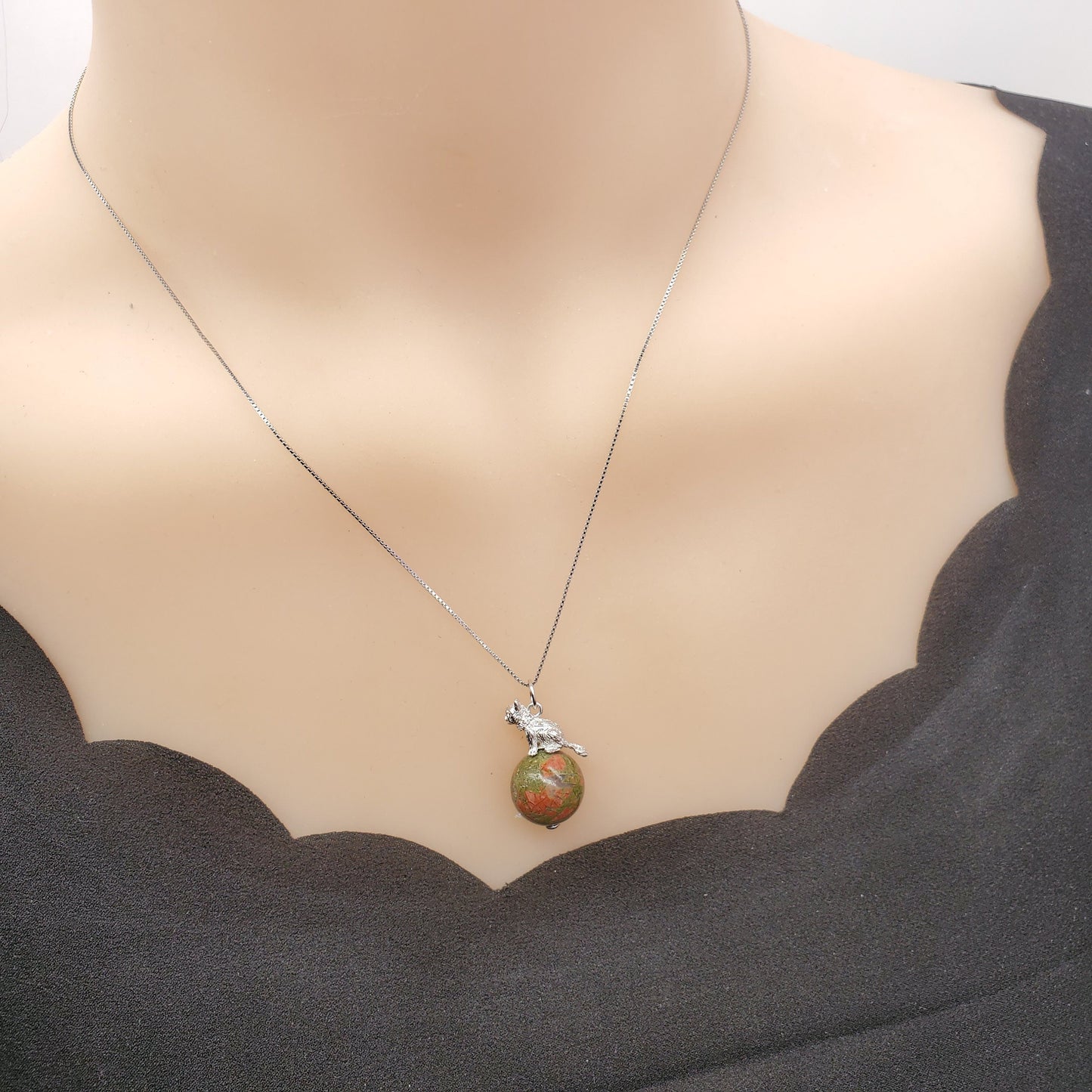 Unakite Cat Necklace: Sterling Silver Pet Jewelry chunky stone jewelry #2494