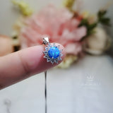 Tiny Blue Opal Necklace, Gemstone Sunflower Princess Diana Style Sterling Silver Halo 6 mm Blue Opal Pendant Jewelry #002