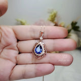 Tanzanite Necklace - Rose Gold 925 Sterling Silver Gemstone Flower Petal Leaf Pear Lab Created Tanzanite Pendant Jewelry #708