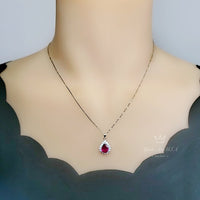 Halo Teardrop Ruby Necklace - Sterling Silver 18KGP - July Birthstone - Pear Cut Genuine Lab Growing Ruby Pendant #194