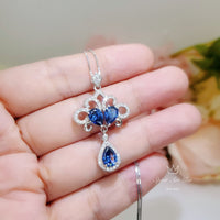 Tanzanite Necklace - Peacock Flowers Pendant - 18KGP @ Sterling Silver - Gemstone Tassel Teardrop Lab Created Blue Tanzanite Pendant #748