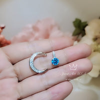 Blue Topaz Necklace Crescent Moon Pendant Sterling Silver Two Separated Pendant #229