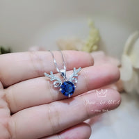 Blue Sapphire Necklace - 18KGP @ Sterling Silver - 2 CT Blue Sapphire Pendant - Gemstone Antler Deer Jewelry #340