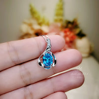 Blue Topaz Necklace - Sterling Silver White Gold Flower Blue Gemstone Pendant - December Birthstone Topaz Jewelry #364