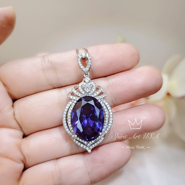 Large Tanzanite Sterling Silver Necklace 14 ct Oval fine Cut Blue Tanzanite Pendant - Crown Pendant 18k White Gold Coated Jewelry #916