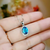 Dainty Blue Topaz Necklace - Sterling Silver Solitaire Blue Topaz Pendant - Halo Oval Gemstone Surround Jewelry #262