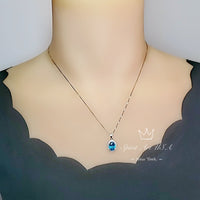 Dainty Blue Topaz Necklace - Sterling Silver Solitaire Blue Topaz Pendant - Halo Oval Gemstone Surround Jewelry #262