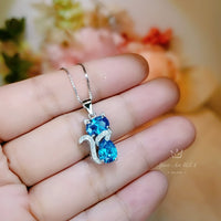 Cat Blue Topaz Necklace, Kitty Cat Swiss Blue Topaz Pendant Gemstone White Gold Plated Sterling Silver Pets Lover Jewelry #216