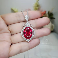 Large Ruby Sterling Silver Necklace 14 ct Oval Lab Red Gemstone Pendant July Birthstone Royal Crown #913