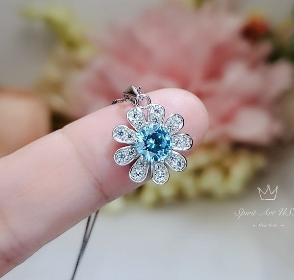 Aquamarine Necklace Sterling Silver Sunflower Pendant Sim Gemstone 1 Ct Blue Gemstone Pendant White Gold March Birthstone Tiny Floral 054