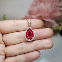 Large Teardrop Red Ruby Necklace - Sterling Silver 5.5 CT Red Corundum Ruby Pendant - 18KGP #613