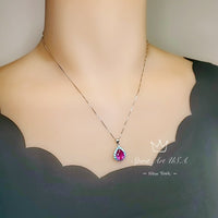 Teardrop Pink Sapphire Necklace - Aquamarine Halo Pink Sapphire Pendant - 18KGP - Sterling Silver - 2.75 CT Fuchsia Gemstone Jewelry #669