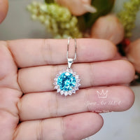 Large Round Aquamarine Necklace - Sterling Silver Sunflower Aquamarine Pendant - 4 CT Blue Aquamarine Halo Pink Tourmaline Jewelry #570