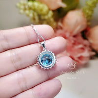 Large Round Aquamarine Necklace - Sterling Silver Sunflower Aquamarine Pendant - 4 CT Blue Aquamarine Halo Pink Tourmaline Jewelry #570