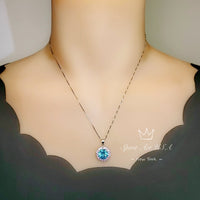 Large Round Aquamarine Necklace - Sterling Silver Sunflower Aquamarine Pendant - 4 CT Blue Aquamarine Halo Pink Tourmaline Jewelry #570