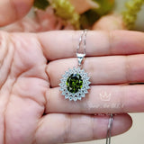 Large Green Peridot Necklace - Double Halo Gemstone 3 CT Peridot Pendant - White Gold coated Sterling Silver - Peridot Jewelry #572