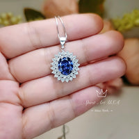 Large Tanzanite Necklace Double Layer Gemstone Halo 2.8 CT Tanzanite Pendant Sterling Silver White Gold Plated Blue Gemstone #730