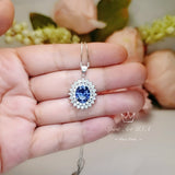 Large Tanzanite Necklace Double Layer Gemstone Halo 2.8 CT Tanzanite Pendant Sterling Silver White Gold Plated Blue Gemstone #730